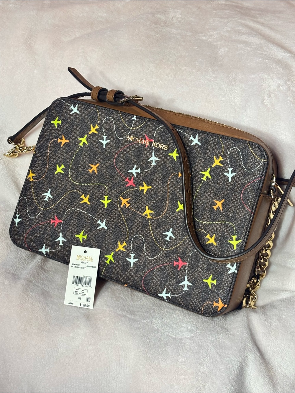 Michael Kors Brown Crossbody with Multicolor “Jet Set” Print Airplane